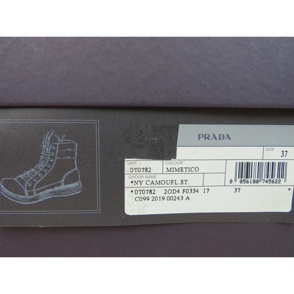 NIB PRADA 0T0782 CAMOUFLAGE GREEN LEATHER CAP TOE LACE UP COMBAT BOOTS 37 US 7 - Picture 12 of 12